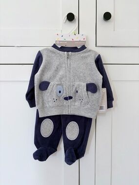 Baby Starters Navy and Gray Baby Matching Set 3 Piece Jacket & Footed Pants Dog